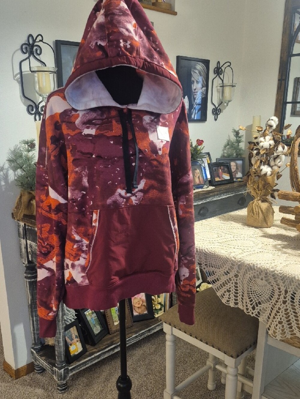 Under Armour Maroon Hoodie with Orange & Cream Abstract Print - Picture 9 of 11